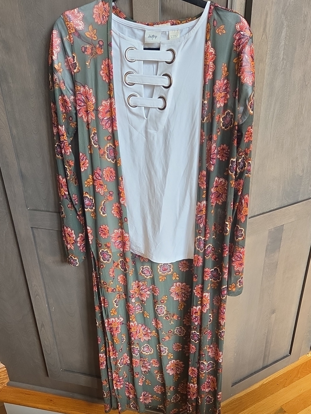 Daytrip Olive Green Floral Long Duster with Pink and Coral Blooms